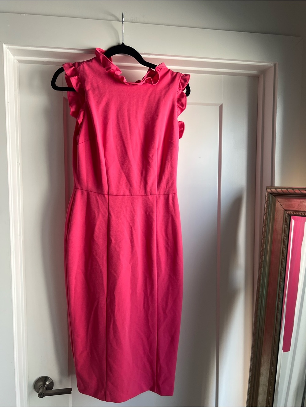 Maggy London Hot Pink Ruffle Sleeve Midi Sheath Dress